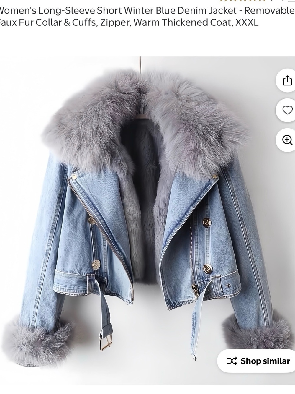 Light Blue Denim Jacket with Gray Faux Fur Trim